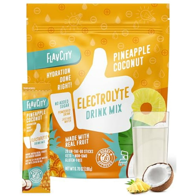 Paquetes de electrolitos en polvo de coco y piña FlavCity - 28 paquetes de hidratación - Sin azúcar añadido - Polvo de hidratación con fruta real y sal marina sin refinar - Keto y sin gluten (28 paque