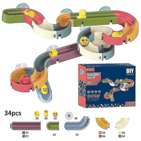 34pcs Baby Duck Slide Bath Toys Set Diy Race Run Assembling Track Bathtub Water Toy