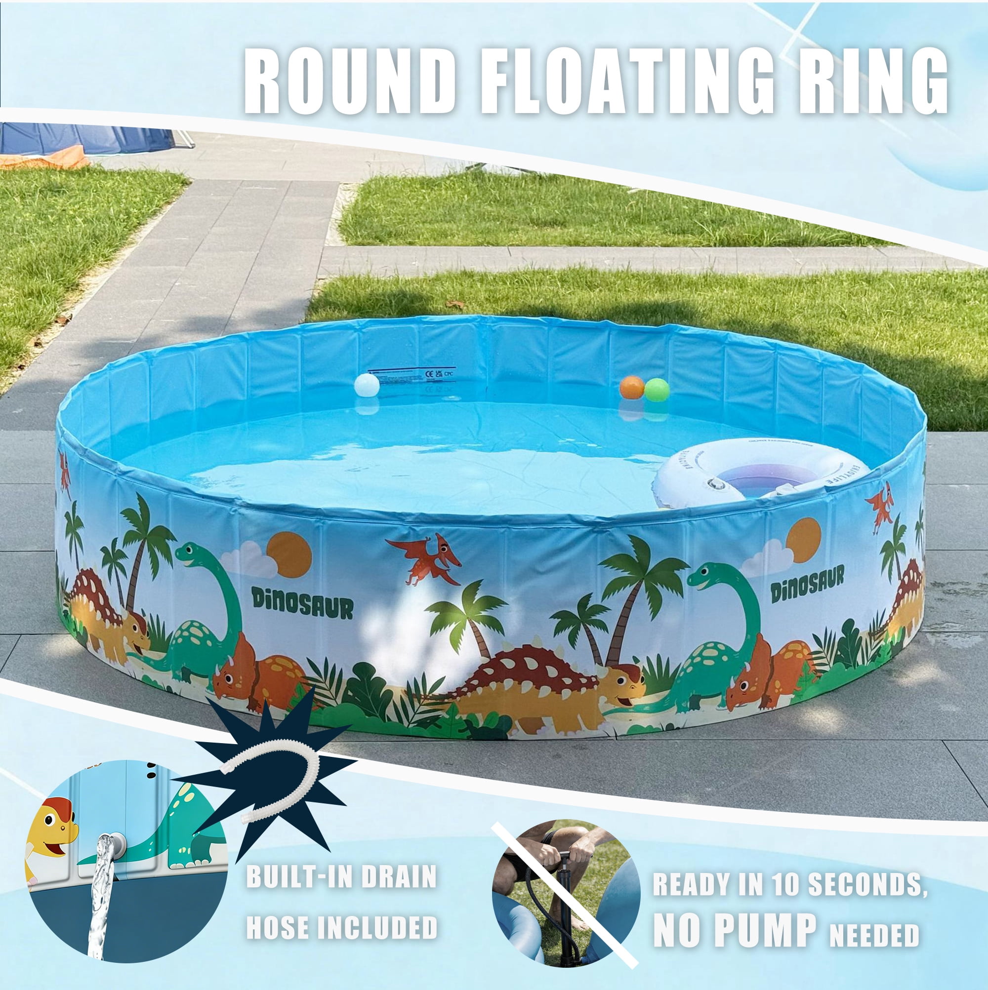 Everkeen 63" Large Foldable Swimming Pool for Kids, Hard Plastic Anti-Slip Dog Pool Indoor Outdoor Kiddie Family Pool