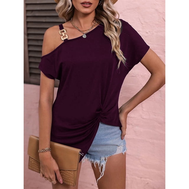 Camiseta de un solo hombro con hebilla para mujer, camisa con cuello de madeja, manga corta básica versátil, Tops irregulares para mujer