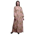 thumbnail image 1 of Bimba Moss Georgette Black Berry & Yellow Sparrow Bird Printed Womenâ€™s Long Sleeve Elastic Waist MaxiÂ&nbsp;DressÂ&nbsp;Gown-XXX-Large, 1 of 5