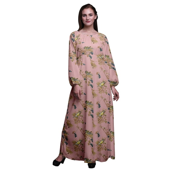 Bimba Moss Georgette Black Berry & Yellow Sparrow Bird Printed Women’s Long Sleeve Elastic Waist Maxi Dress Gown-XXX-Large
