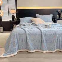 White-Trim Soft Flannel Blanket - Exquisite Carved Floral Design Multi-Functional Coverlet, Cozy Warm Blanket for Beds, Sofas & Travel, Ideal for Home Use & Relaxation Time, 40*59in, Light Blue