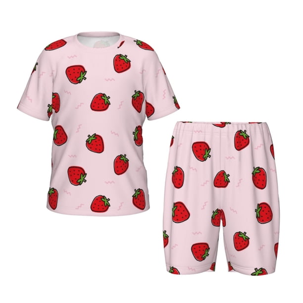 Fotbe Strawberry Pijama Estampada de 2 Piezas para Niños – Ropa de Dormir de Manga Corta Cómoda para Niños y Niñas, Camiseta y Shorts de Algodón-Medium
