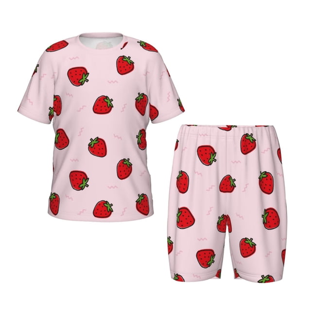 Balery Strawberry Conjunto de Pijama Infantil de Manga Corta con Estampado – Ropa de Dormir de Algodón Suave-Medium
