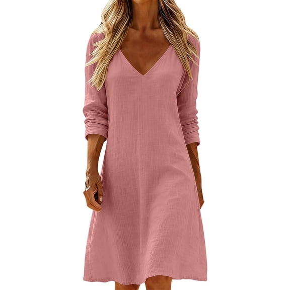 HAiming Women's Linen Midi Dresses V Neck Comfy Long Sleeve Solid Color Classic Elegant Dresses Vacation Dressy Casual Dresses