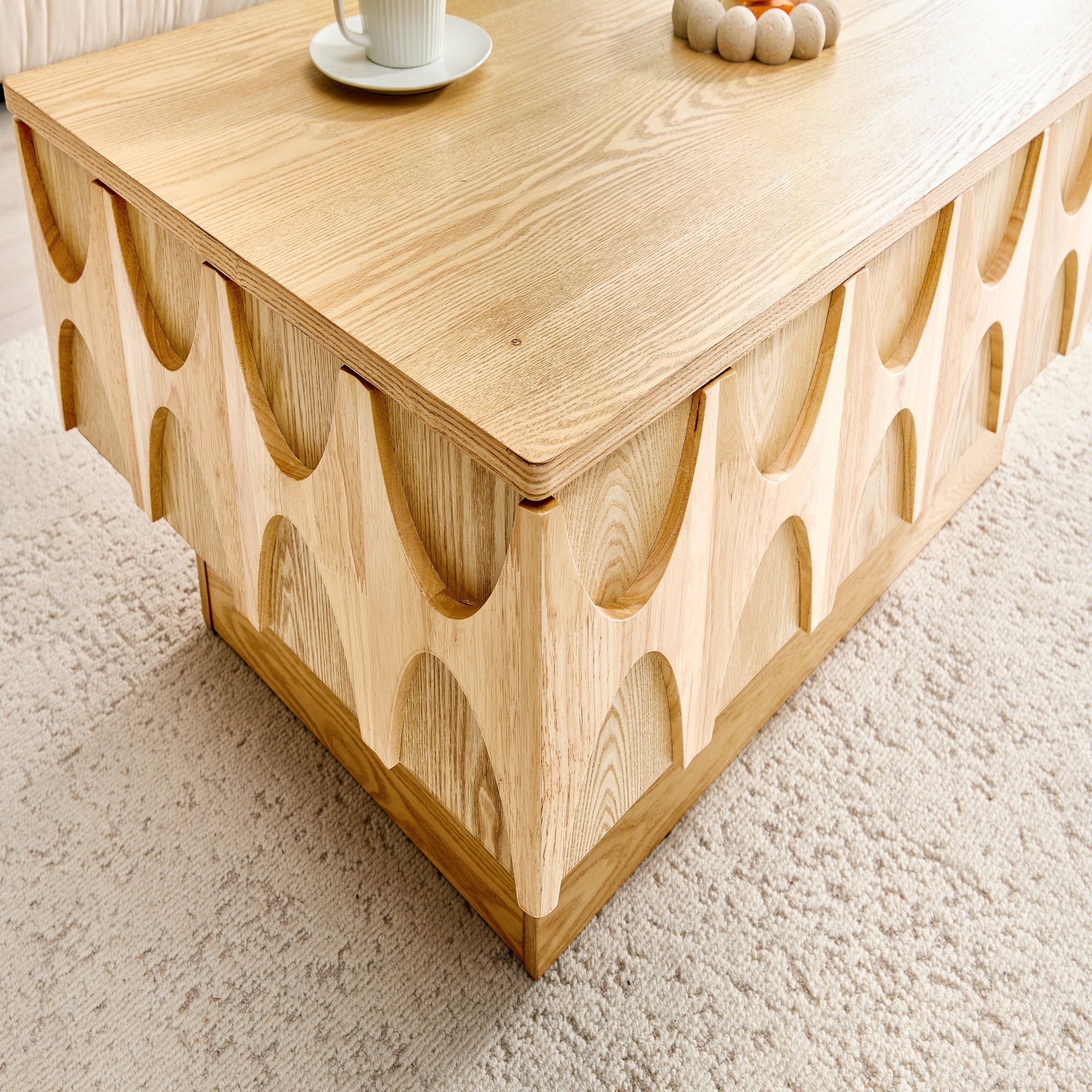 LKTART 38.6" Mid Century Modern Coffee Table with Sliding Top  Hidden Storage, Solid Wood Veneer Rectangle Center Table for Living Room Home, Natural