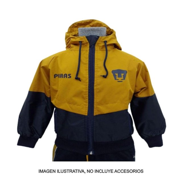 chamarra garra azul pumas unam talla g rompevientos nik dorado, vista frontal centrada; rompevientos infantil bicolor dorado y negro con capucha ajustable, cierre central, puños elásticos y bolsillos frontales visibles, escudo tipo puma y texto 'PUMAS' en el pecho, forro interior de la capucha a la vista. Adecuada para uso deportivo infantil.