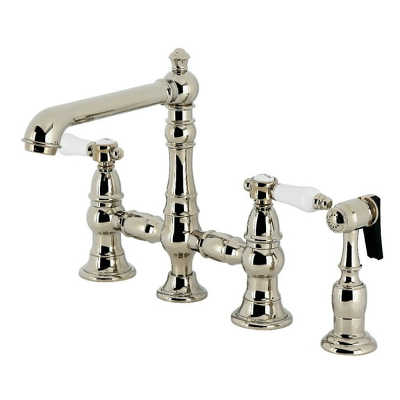 Kingston Brass KS7276BPLBS Bel-Air Two-Handle 4-Hole Deck Mount Bridge Kitchen Faucet with Brass Side Sprayer in Polished Nickel