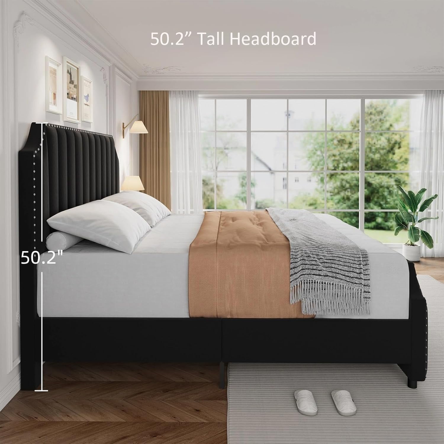 GarveeHome Queen Velvet Bed Frame, Upholstered Platform with 50.2" Tall Headboard & Footboard, Nailhead Trim, Solid Wooden Slats, No Box Spring Needed, Black