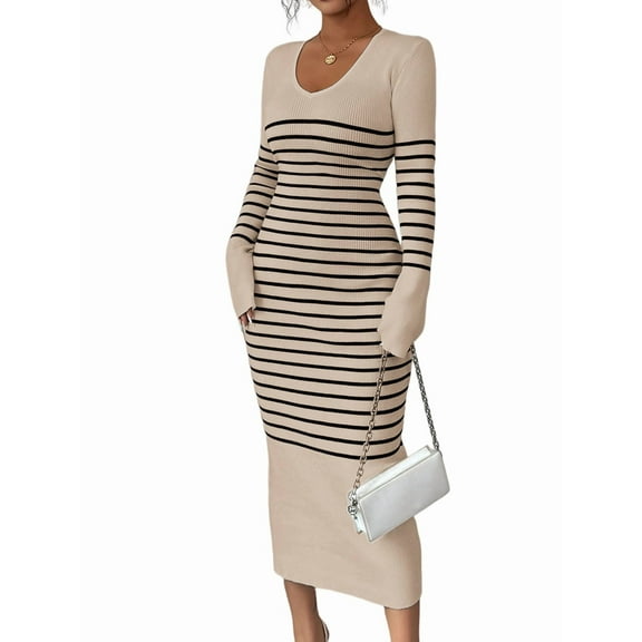 Women'S Striped V Neck Sweater Dress Long Sleeve Bodycon Midi Dresses Khaki M