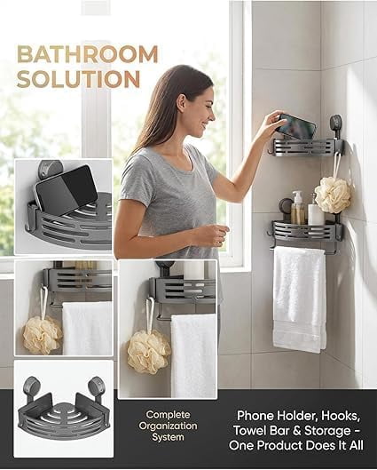 2026 New Suction Cup Corner Shower Shelf, No-Drill Bathroom Corner Shelf Strong, Waterproof Suction Cup, Bathroom Organizers and Storage Countertop for Bathroom Kitchen (Grey-2PCS)