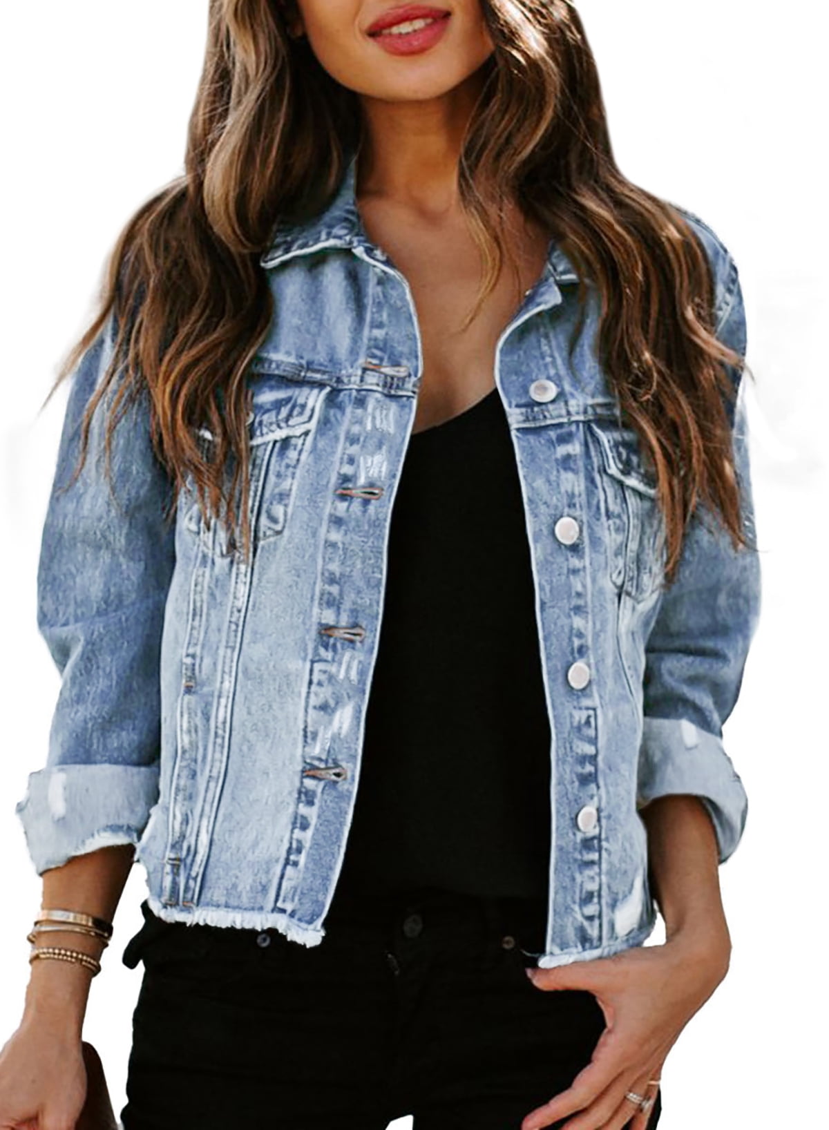 Acelitt Basic Cropped Jean Jacket Distressed Ripped Denim Coat Jean