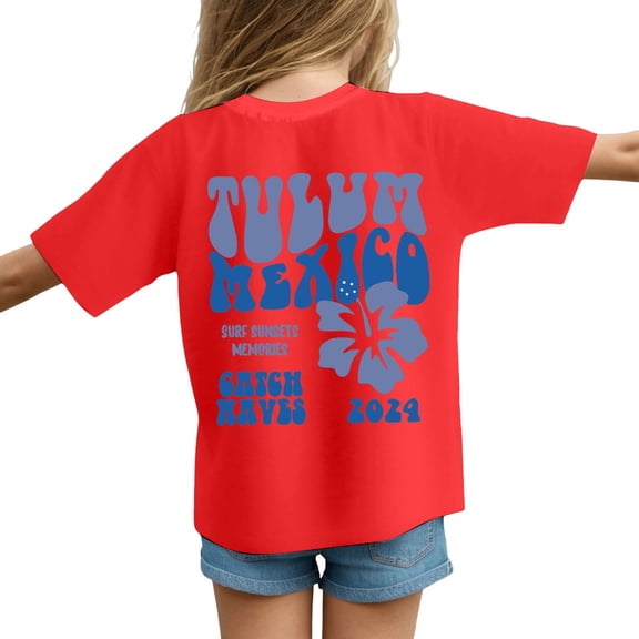 Akiihool Cute Tops for Girls Girl's Short Sleeve T Shirts Crewneck Classic Fit Tops Summer Casual Tee (Red,6-7 Years)