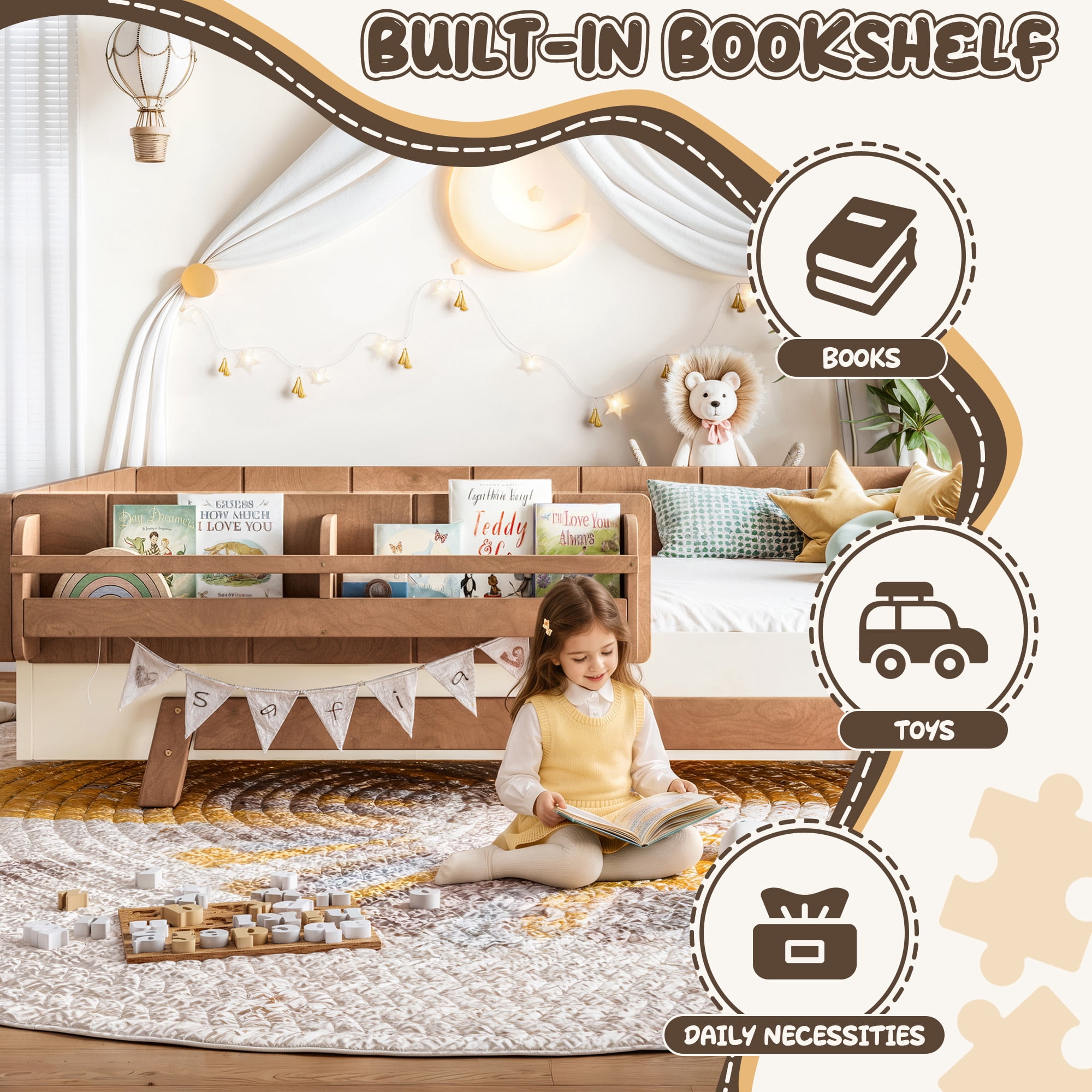 Mintazer Twin Size Montessori Floor Bed Frame, Kids Puzzle Block Design Platform Bed with Guardrails & Bookshelf for Bedroom, Brown & Beige