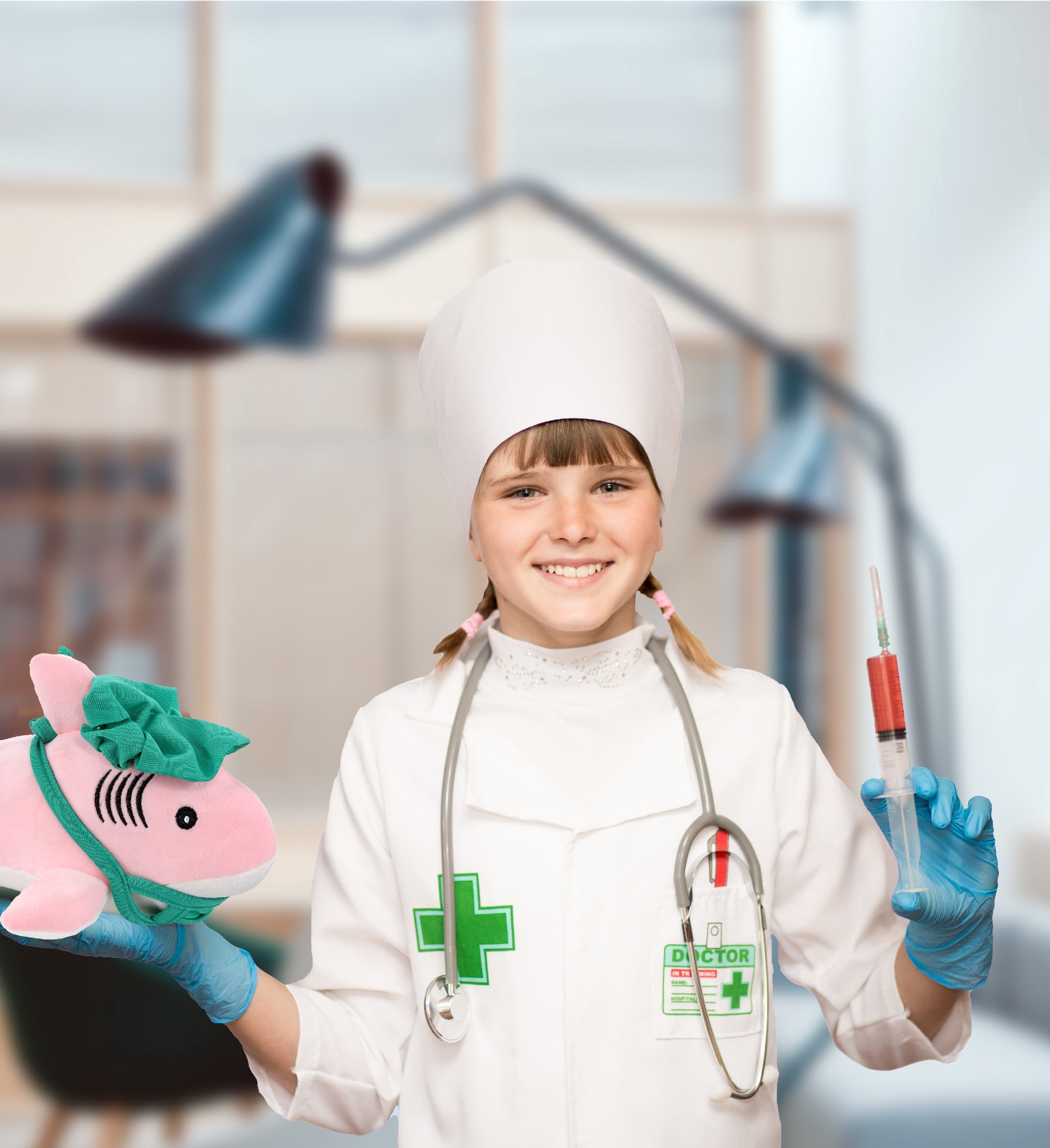 DolliBu Pink Shark Doctor Plush Toy - Baby Soft Shark Doctor Stuffed Animal Dress Up with Cute Scrub Cap & Face Mask Outfit - Fluffy Doctor Toy Plush Gift - 12 Inches