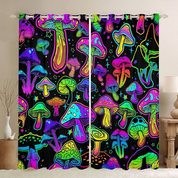 Feelyou Neon Glowing Mushroom Black Out Curtains, Mystic Stars Galaxy Curtains Pack of 2 (42x63 Each),Teens Kids Boys Girls Bedroom Curtains, Living Room Curtains Decor