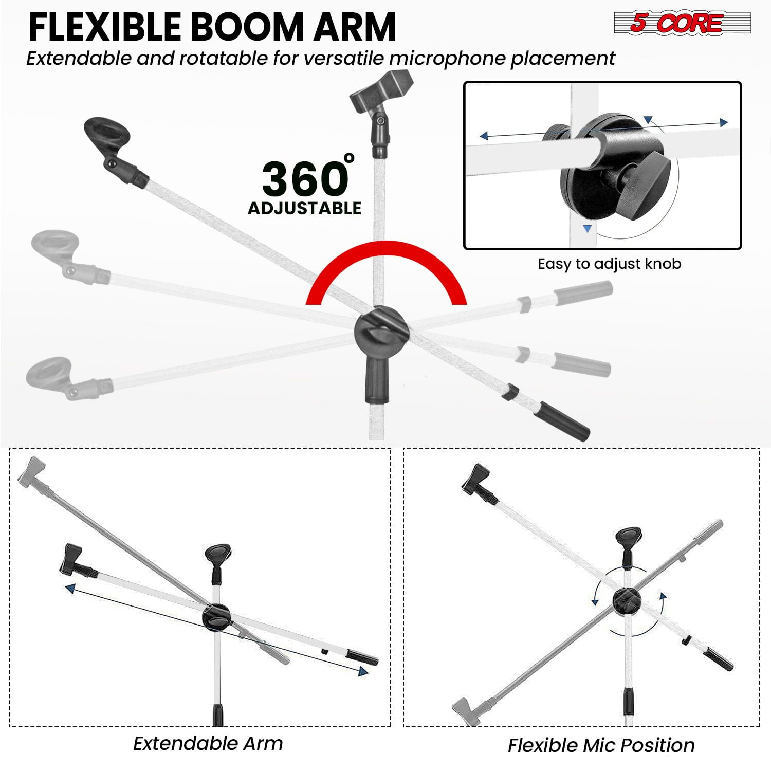 Tripod Mic Stand Floor Adjustable 31 to 76 Inches Boom Arm Holder Microphone Stands 360 Degree Rotating + Dual Mic,WHITE