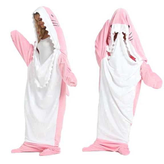 Shark Blanket Hoodie Onesie, Pink Wearable Sleeping Bag for Adults, Soft Cozy Costume, XL