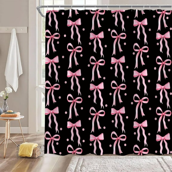 Pink Cute Shower Curtain, Pink Black Bow Dots Modern Aesthetic Bathroom Home Curtain Decor with Hooks 70"W x 72"L (Pack of 1)