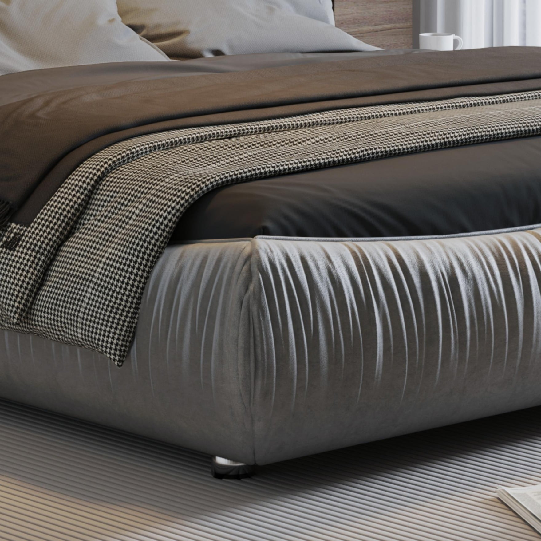 Luxury King Size Upholstered Platform Bed with Oversized Padded Backrest, Soft Frame Cloud Bed, Thickening Pinewooden Slats and Adjustable Height, Grey
