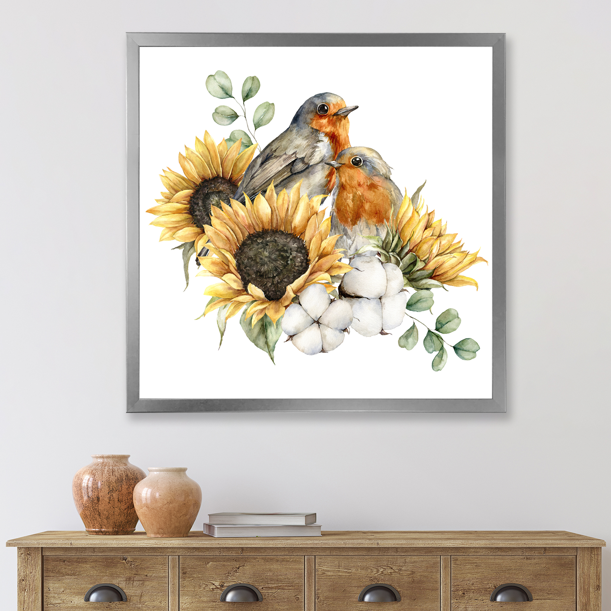 Designart 'Autumn Bouquet With Robin Redbreasts Sunflowers Cotton' Traditional Framed Art Print