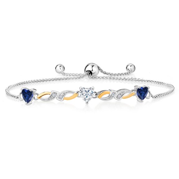 Gem Stone King 925 Silver and 10K Yellow Gold Lab Grown Diamond Bracelet for Women Heart Shape Created Sapphire Moissanite (1.45 Cttw)