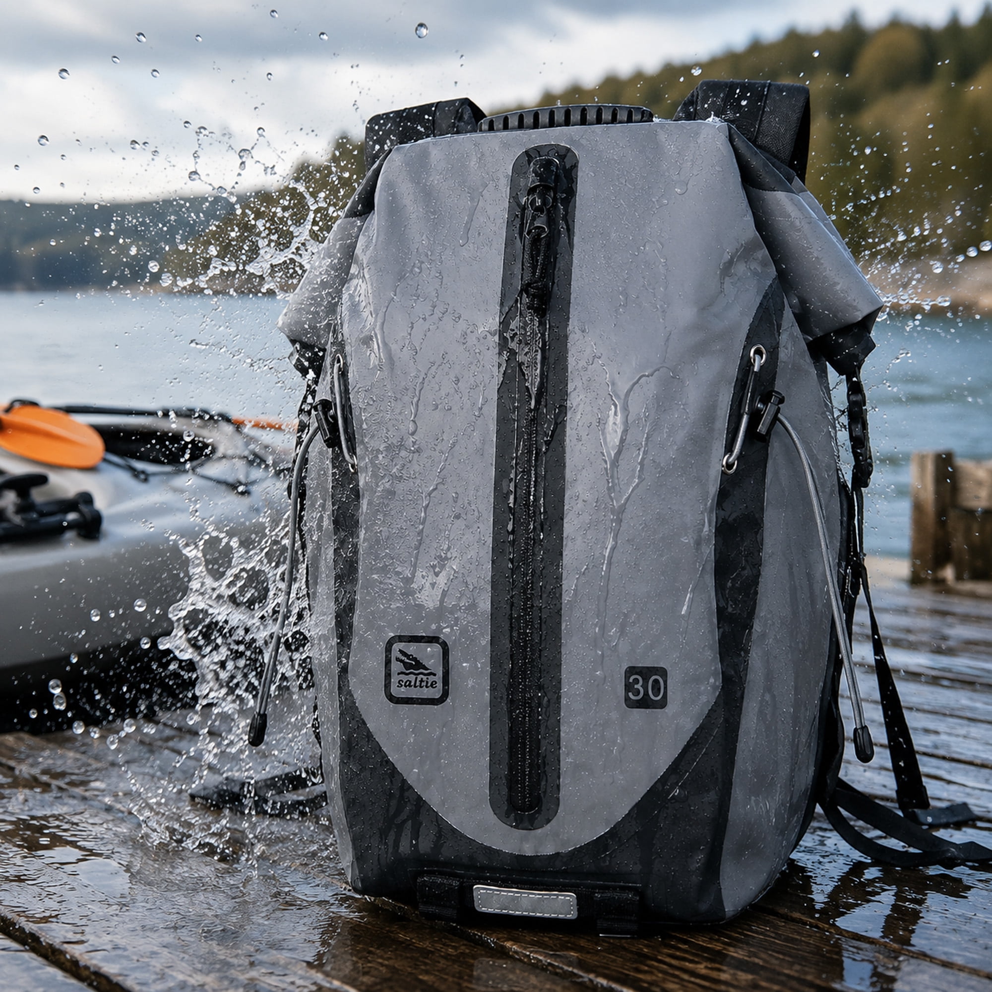 30L Waterproof Dry Bag Backpack with Roll-Top Closure, Front Mesh Pocket and Padded Straps, Gray