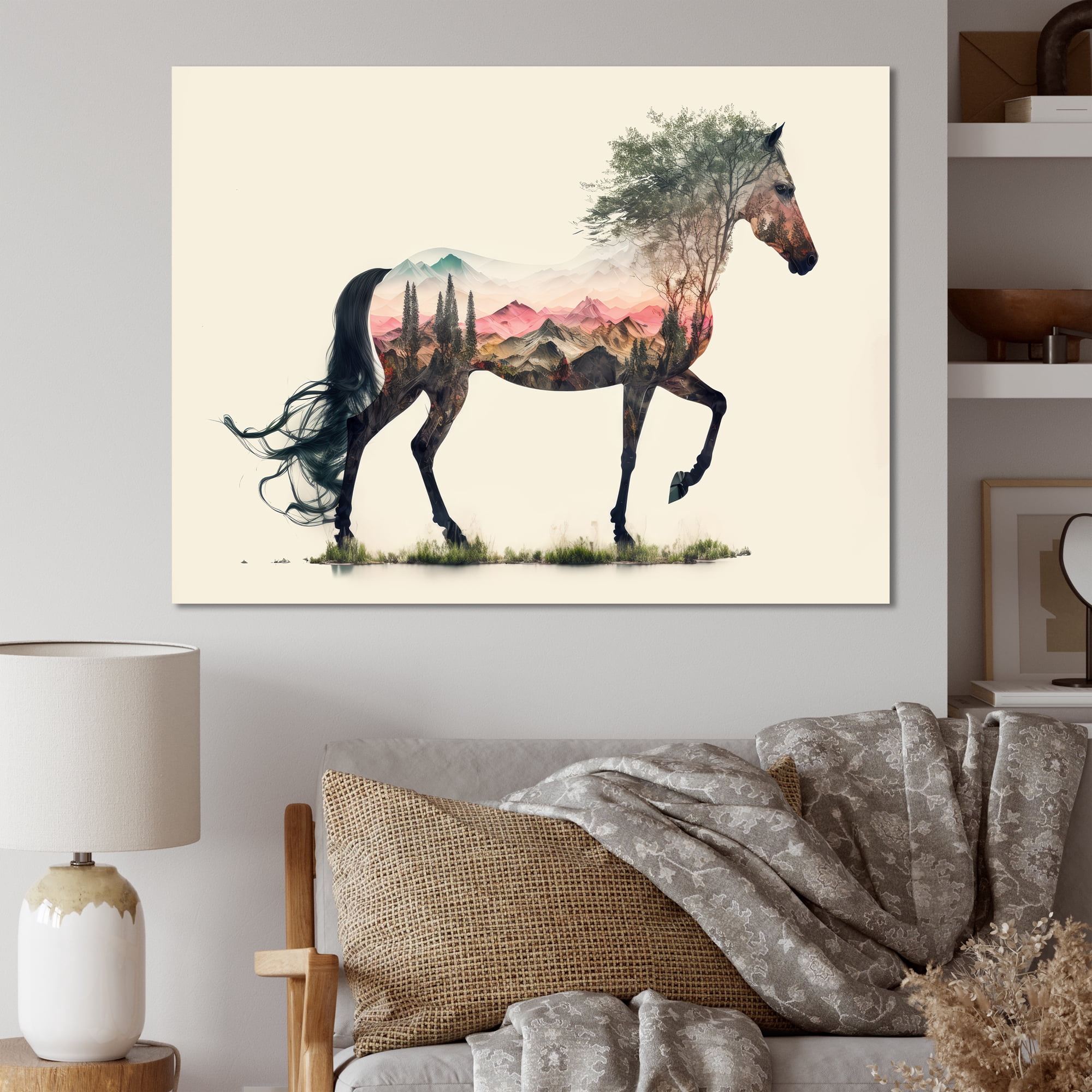 Designart Double Exposure Of A Horse With Nature Landscape I Canvas Wall Art