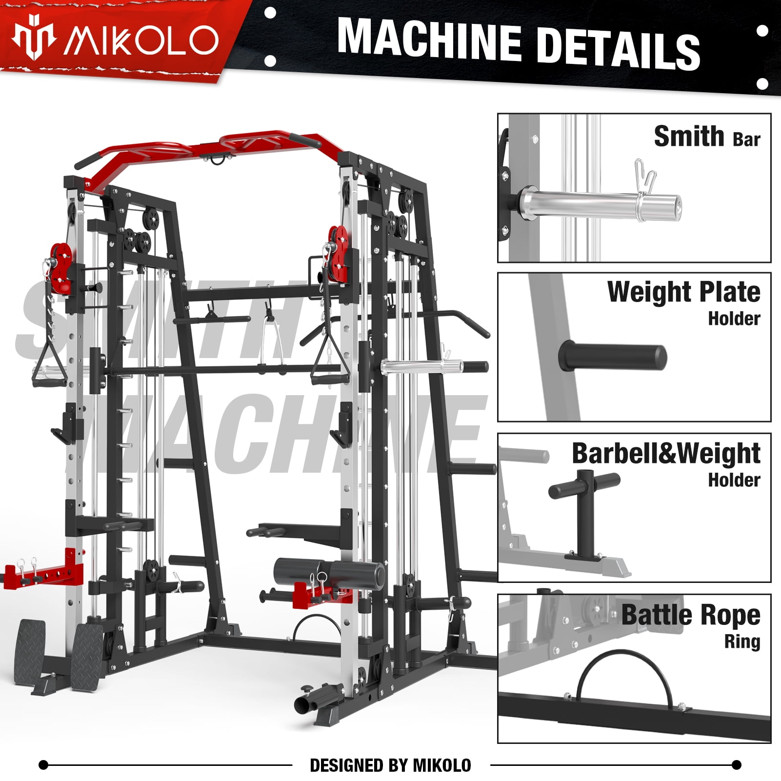 MDJB Smith Machine Home Gym, 2200 lbs Power Rack Cage with 800 lbs Capacity Adjustable Bench and Cable Crossover System, Weight Bar, 360° Landmine, Home Gym