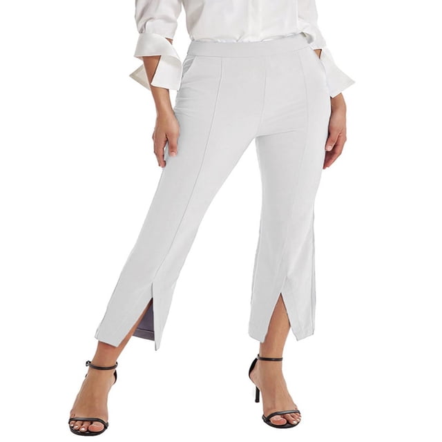 PENGXIANG Women Casual Baggy Fit Pants High Waisted Solid Color Flare Leg Split Trousers with Pockets
