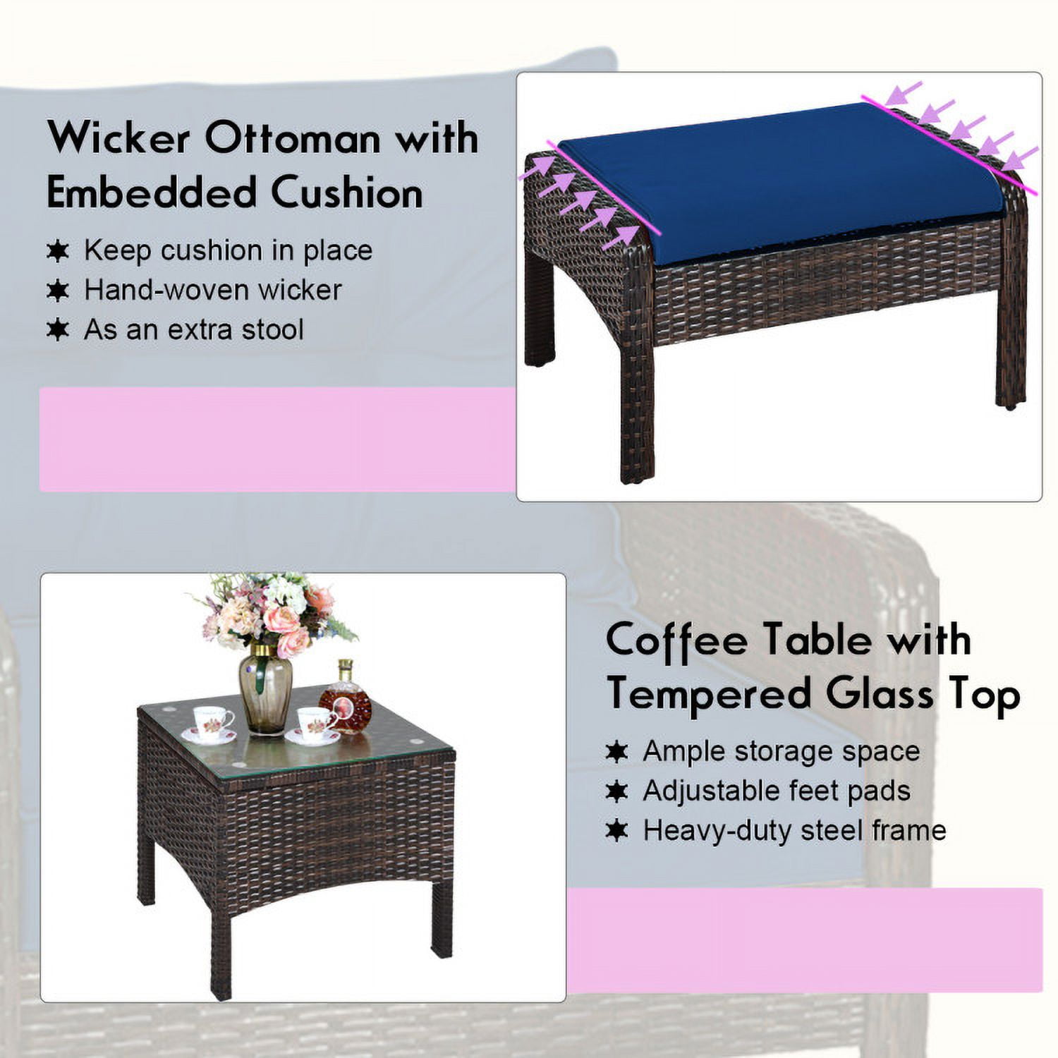 Aimee Lii 5 Pieces Patio Rattan Sofa Ottoman Furniture Set with Cushions, Outdoor Patio Furniture, Navy Aimee Lii 5 Pieces Patio Rattan Sofa Ottoman Furniture Set with Cushions, Outdoor Patio Furniture, Navy