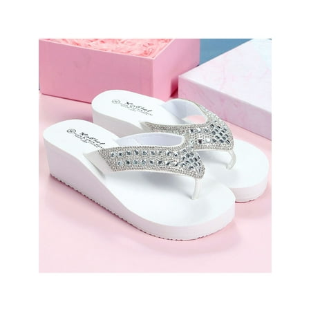 

Frontwalk Ladies Slippers Backless Wedges Wedge&platform Flip Flops Shopping Lightweight Thong Woman Rhinestone White 6