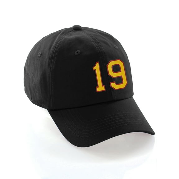 Customized Number Hat 00 to 99 Team Colors Baseball Cap, Black Hat Red Gold Number 19