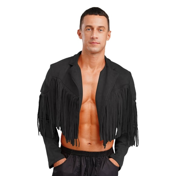 Jhaoyu Mens Fringe Faux Suede Cropped Jackets Lapel Open Front Cardigan 70s Hippie Cowboy Outerwear Black XL