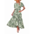 thumbnail image 2 of Summer Casual Bohemian Floral Dresses for Women Puff Short Sleeve Long Maxi Dress with Pockets Green M, 2 of 7