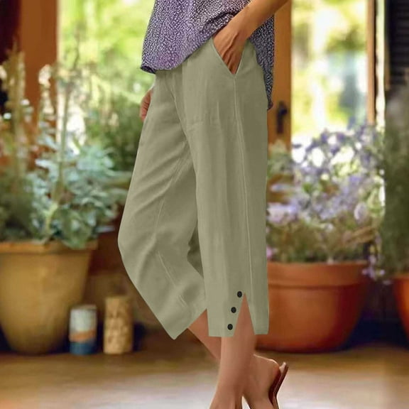 uublik Women's Linen Shorts Casual Knee Length Bermuda Shorts Summer Beach Lightweight Capri Pants Gray