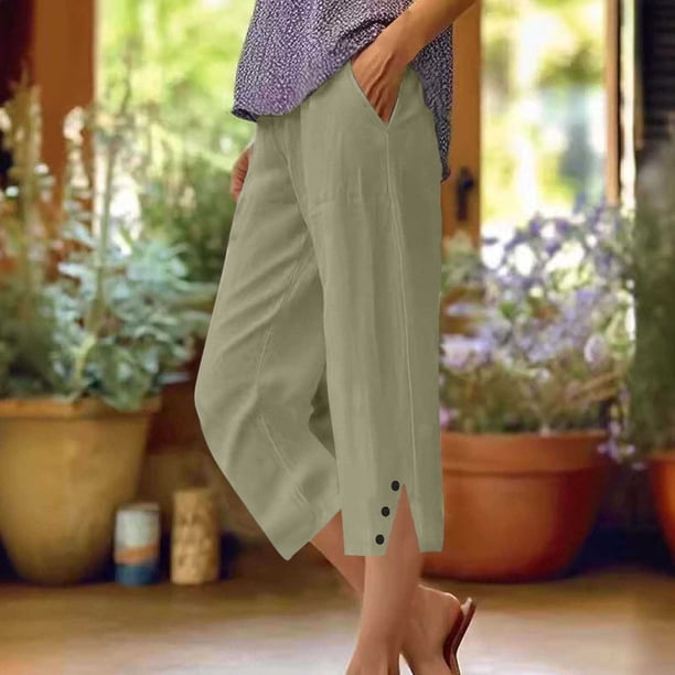 Capri Pantalones para Mujeres Casual Verano Color Sólido Lino, Bolsillos Cintura Elástica Pantalones Cortos Ligeros