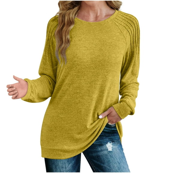 XuJwPNcy Women's Long Sleeve Shirts Fall Tops Dressy Casual Blouses Pleated Round Neck Work Loose Tunic Tops