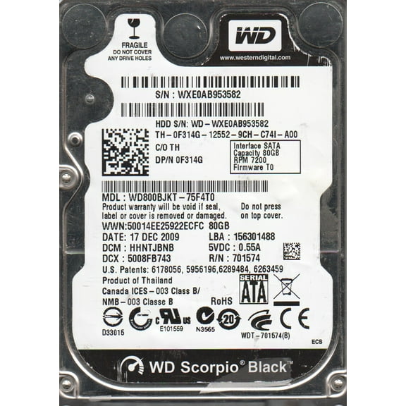 WD800BJKT-75F4T0, DCM HHNTJBNB, Western Digital 80GB SATA 2.5 Hard Drive