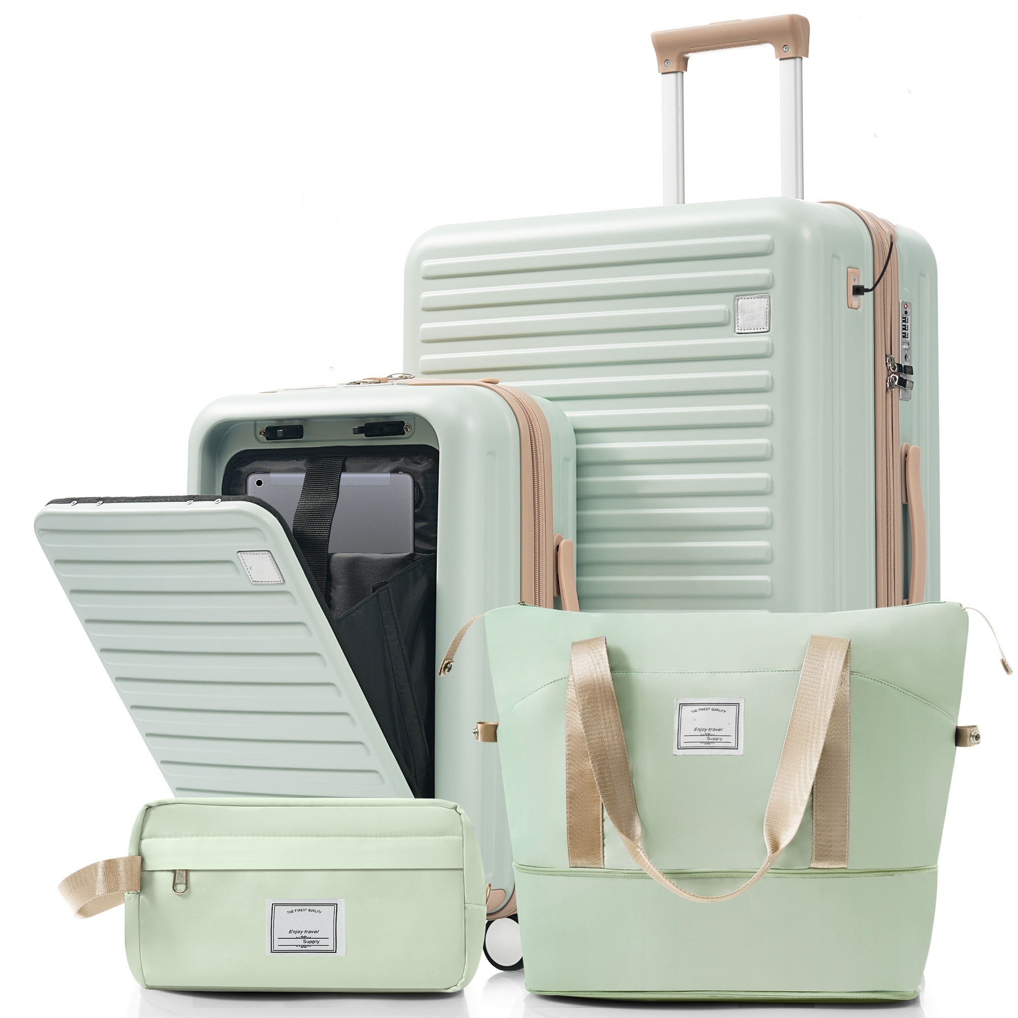 Euroco 4 Piece Luggage Sets,20" Carry-On Luggage with Front-Opening & Cup Holder,20/28inch Suitcase Set with USB Port,TSA Lock, Spinner Wheels,Travel Duffel Bag & Dry Toiletry Bag,Green