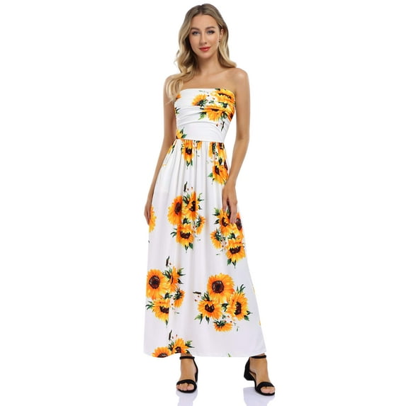 HA-EMORE Dress for Women Wrapped Strapless Waist Pleated Long Printed Vacation Dress