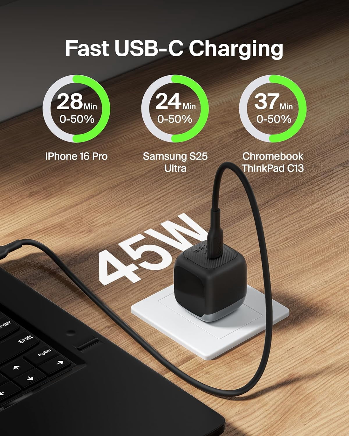 Belkin Silver 45W USB PD Wall Charger With PPS Cell Phones Single Charger USB-C Fast Charging for Apple iPhone 16, 15, 14, 13, Plus, Macbook, 1 Pack