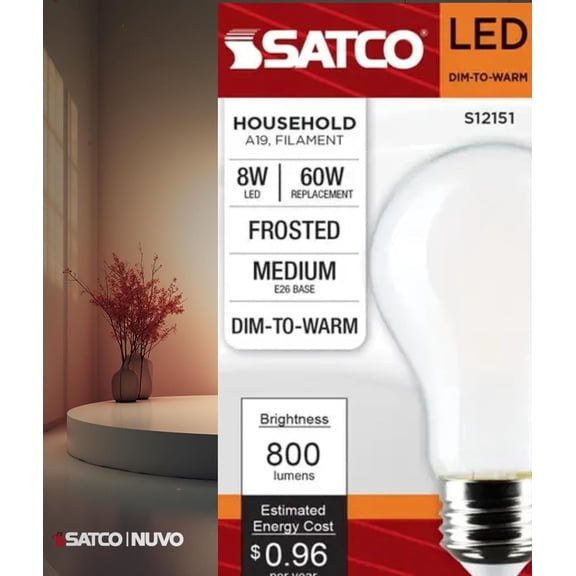Satco S12151 LED A19 Light Bulb 8W 120V Warm Dimming 3000K-2000K 800 Lumen Frost Finish E26 Medium Base (1 Pack)