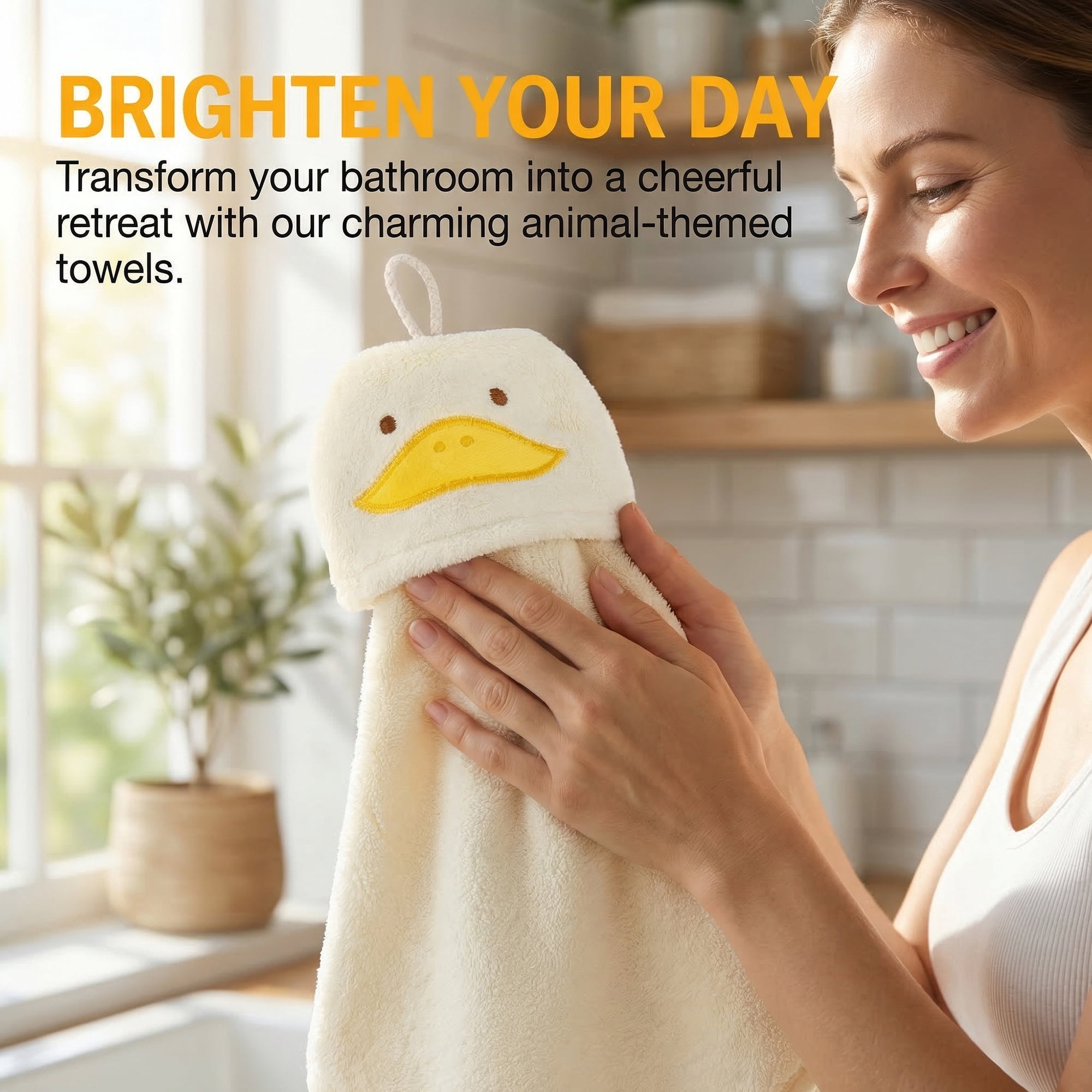 Unique Bargains Animal Hanging Soft Absorbent Hand Towel Yellow Duck 15" x 8"