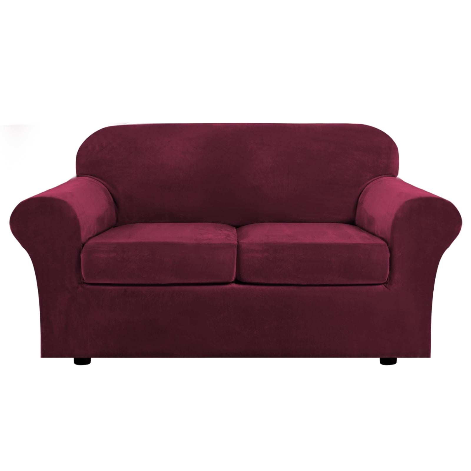 Stretch Velvet Plush Sofa Covers Couch Armhair Slipcover Protector with Cushion Covers, Burgundy, For 3-Seater Sofa