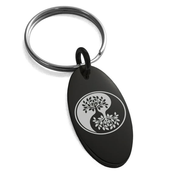 Stainless Steel Tree of Life Yin Yang Engraved Small Oval Charm Keychain Keyring
