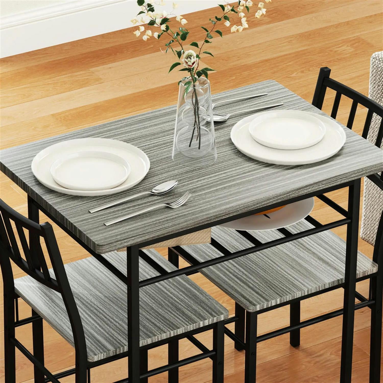 Demi Bonn 3 Piece Dining Table Set for Small Spaces with Storage Rack and Steel Frame, Kitchen Table and Chairs for 2 Dining Room Set with 2 Chairs, Gray