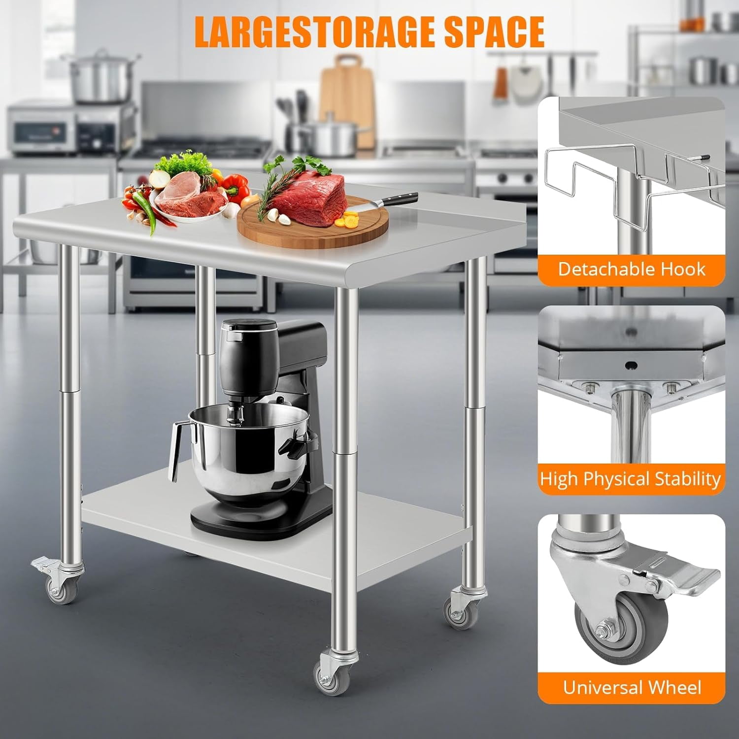 Kselythan Stainless Steel Table,Heavy Duty 2 Tier Worktable with Casters Backsplash Food Preparation Stainless Steel Table,Metal Prep Table for Kitchen Restaurant Commercial Workstation