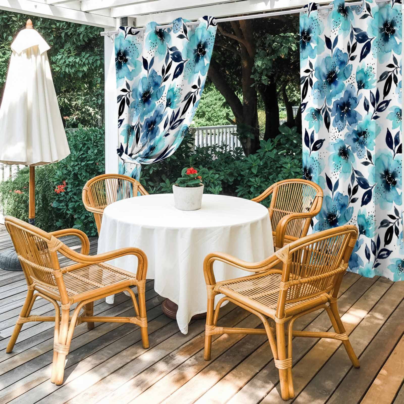 Botanical Floral Leaves Outdoor Curtains for Patio, Watercolor Painting Blue Gradient Blooms Sunshade Privacy Drapes Grommet Waterproof Outside Curtains for Porch/Cabana/Balcony 54"x 108", 1 Panel
